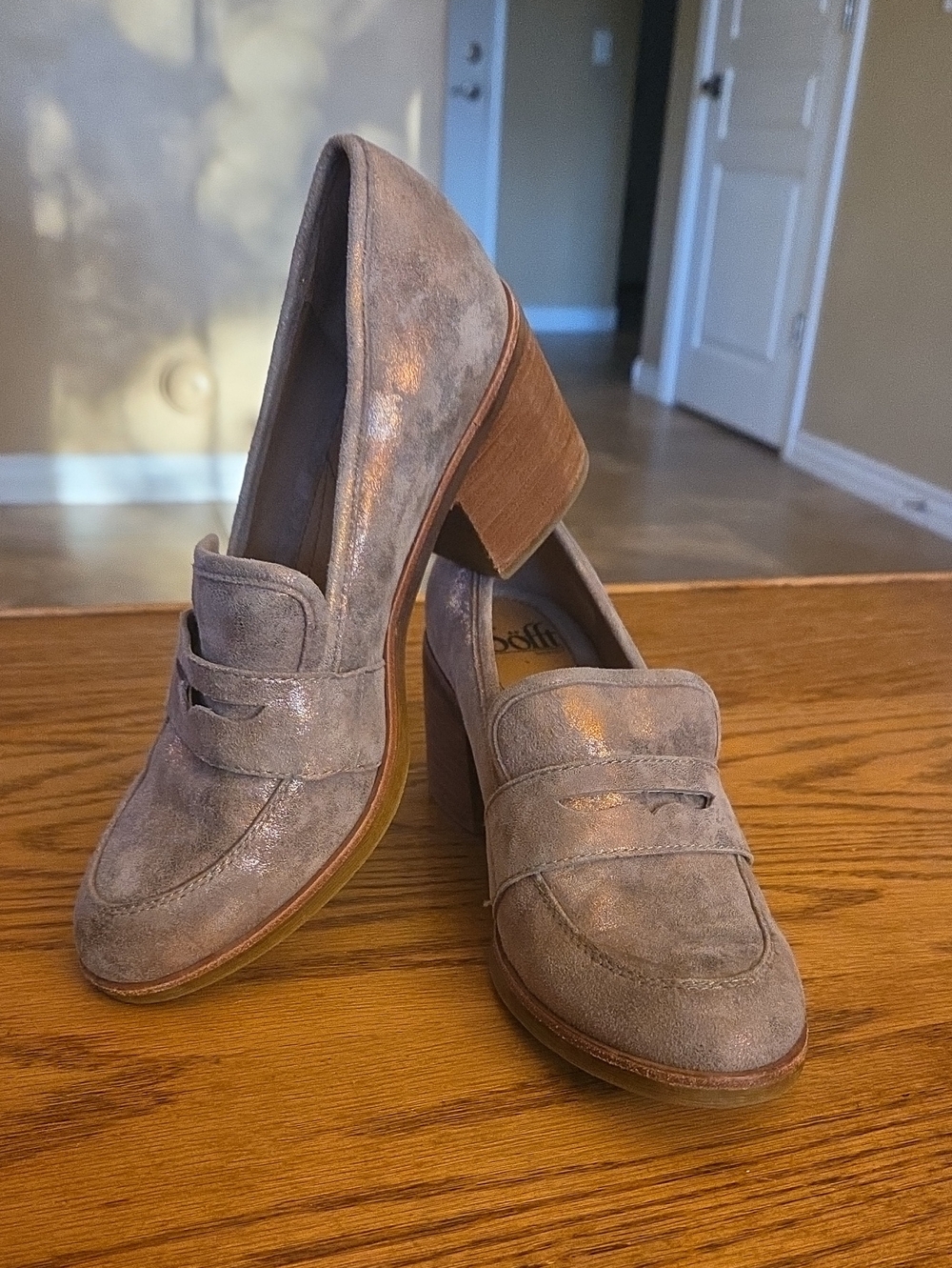 Sofft Sophia Penny Loafers Metallic Bronze Leather Suede Block Heels Womens 8